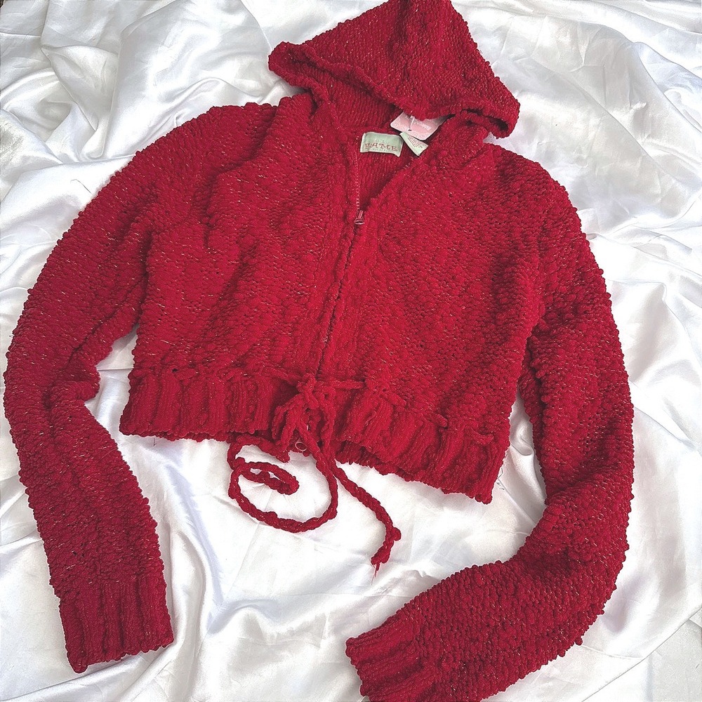 Vintage Fame Red Popcorn Knit Zip Up Hoodie Cropped Metallic Chenille Sweater